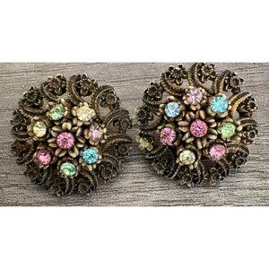 Vintage Filigree Clip On Earrings With Multi Colored Rhinestones